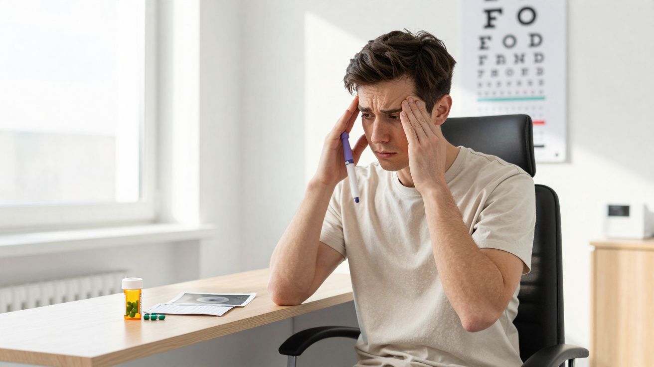 Homem com expressão preocupada senta em cadeira ao lado de remédios e exames em consultório médico.