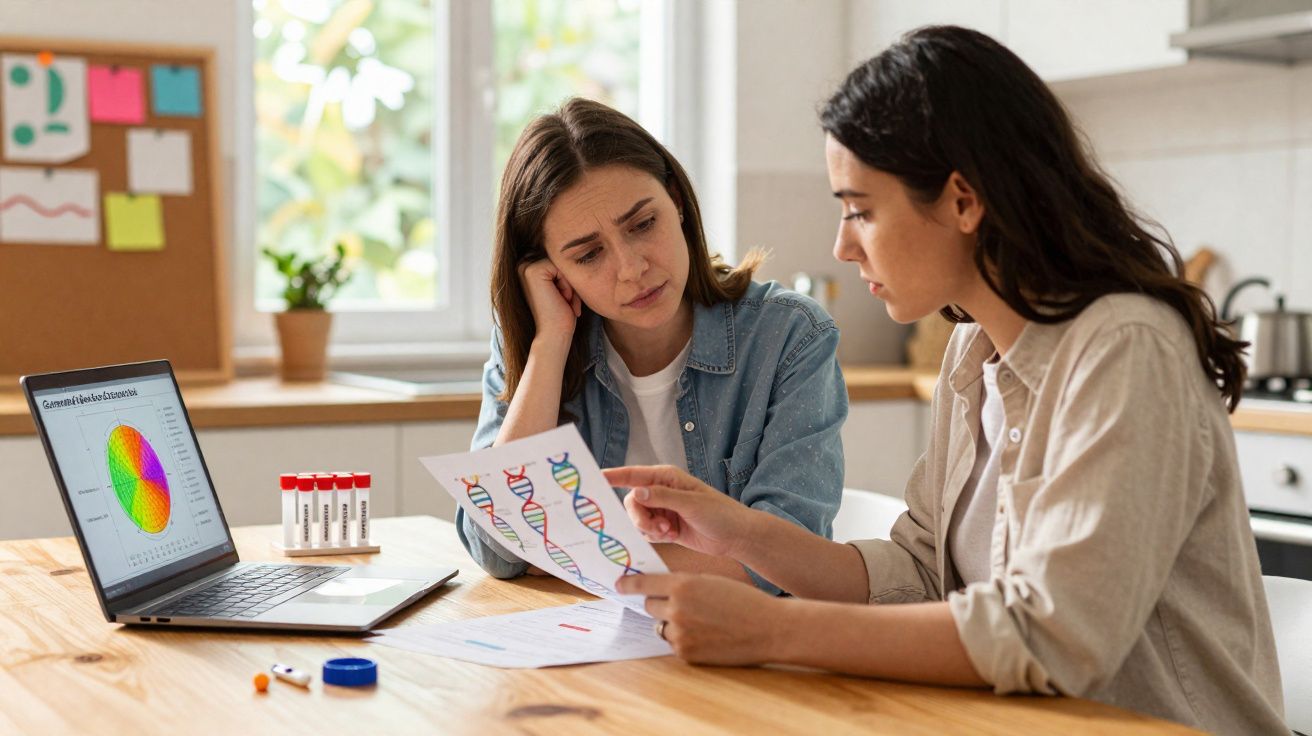 Duas mulheres analisam gráficos e imagens de DNA em uma mesa ao lado de notebook com dados científicos.
