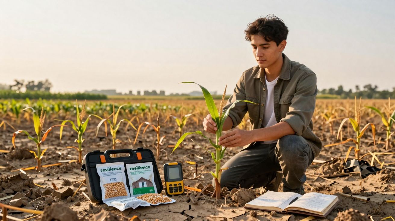 Homem analisando planta de milho em campo seco com equipamentos agrícolas e caderno aberto ao lado.