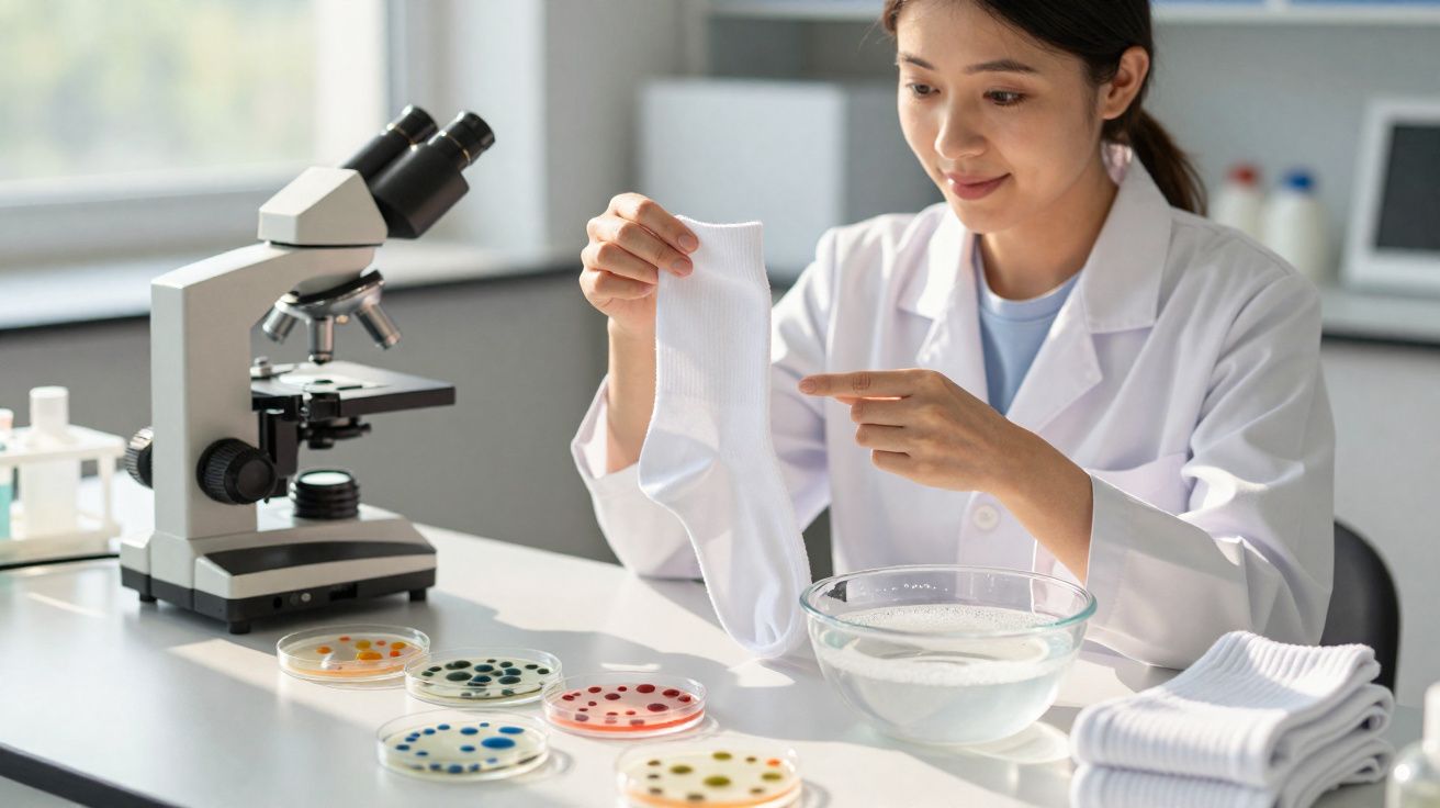 Pesquisadora em laboratório analisando uma meia branca com placas de petri e microscópio ao lado.