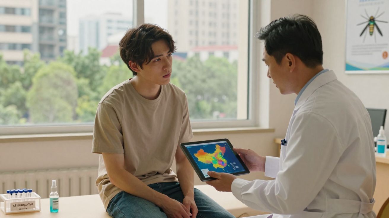 Paciente jovem conversa com médico que mostra mapa colorido em tablet dentro de clínica.