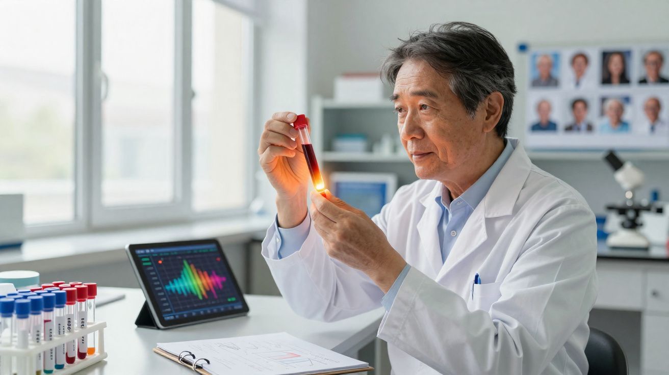 Cientista examina tubo de ensaio com líquido vermelho em laboratório moderno com equipamentos científicos.