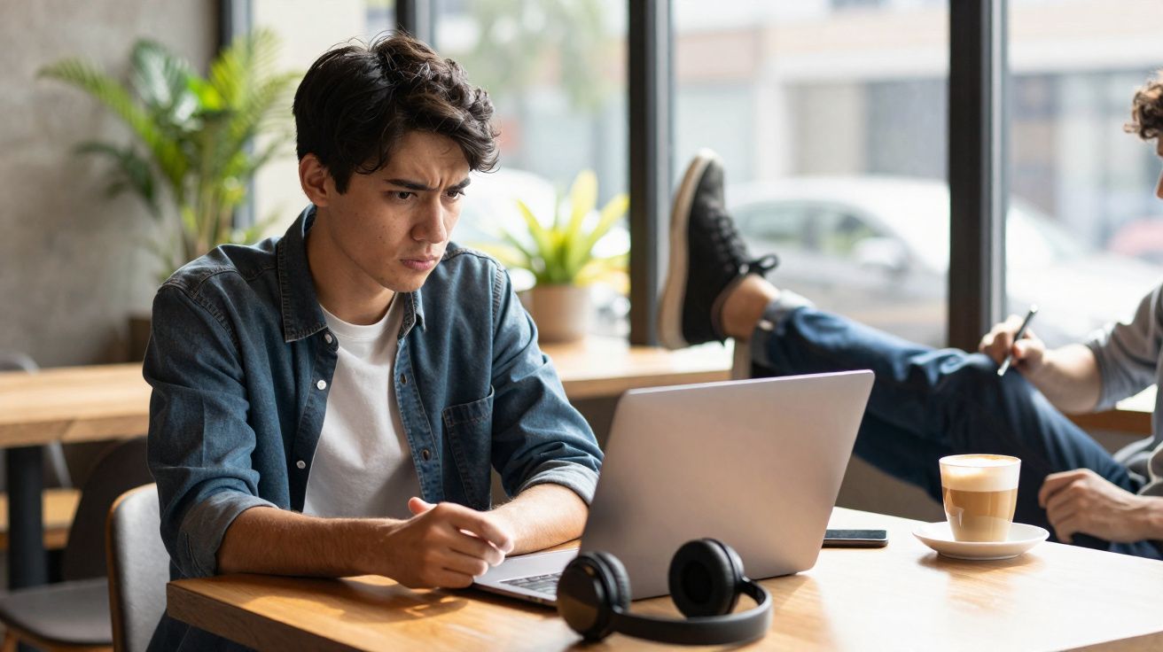 Jovem concentrado usando laptop em cafeteria moderna, com fones e café na mesa.
