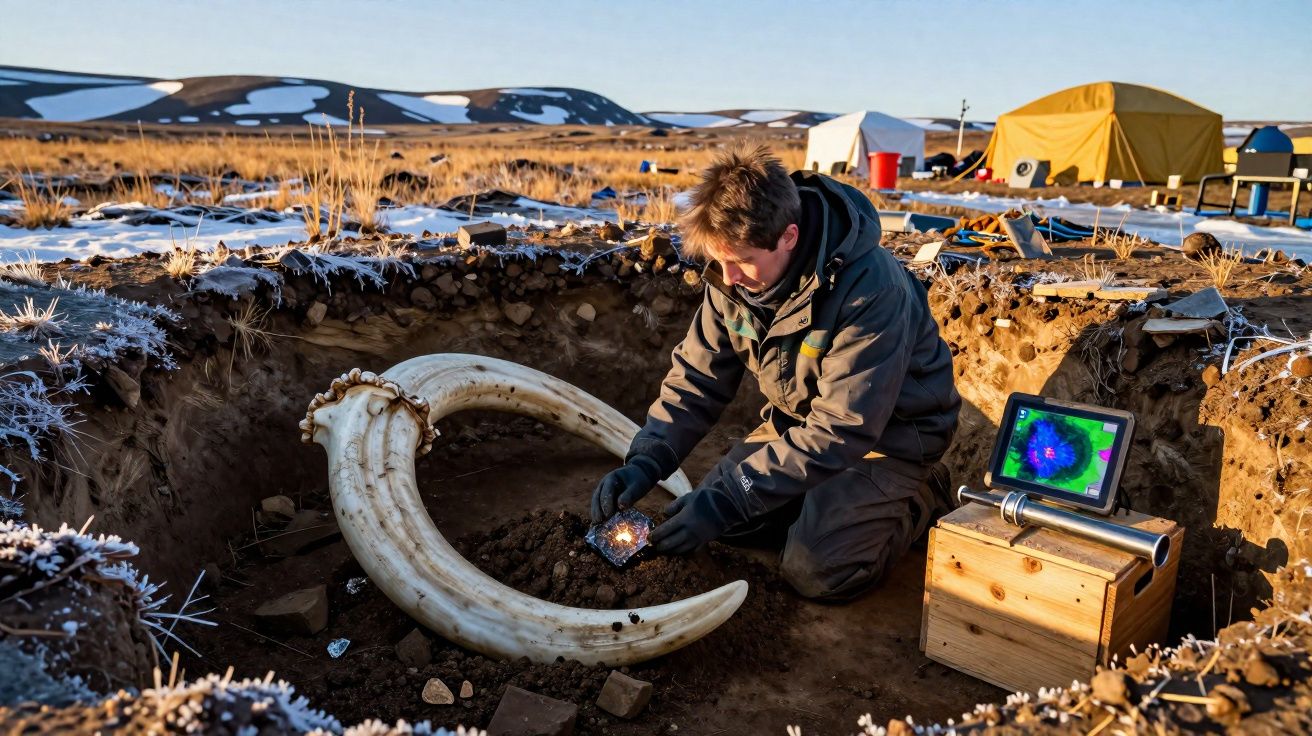 Pesquisador escavando presas de mamute em sítio arqueológico coberto por neve e vegetação seca.