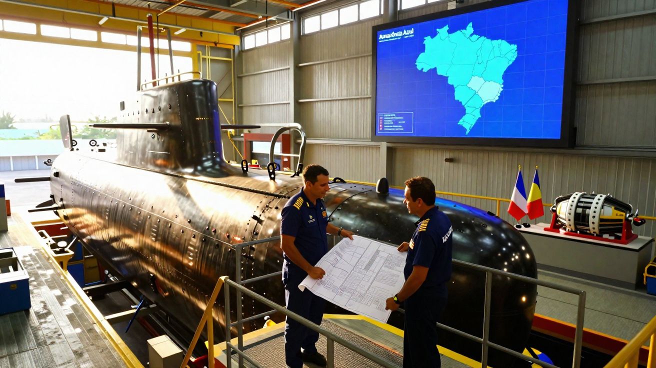 Dois militares analisam plantas ao lado de um submarino preto em hangar, com mapa do Brasil na tela ao fundo.
