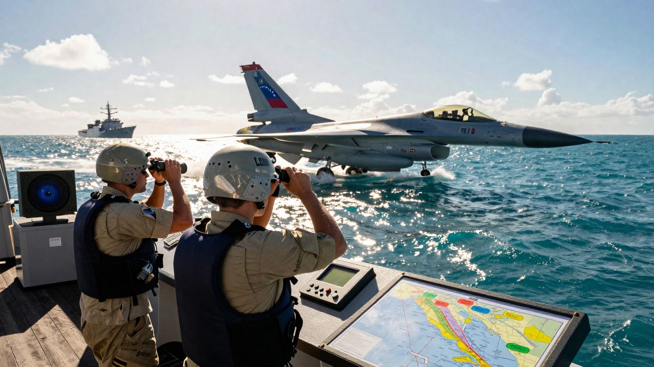 Dois militares observam com binóculos jato de combate voando sobre o mar próximo a navio.
