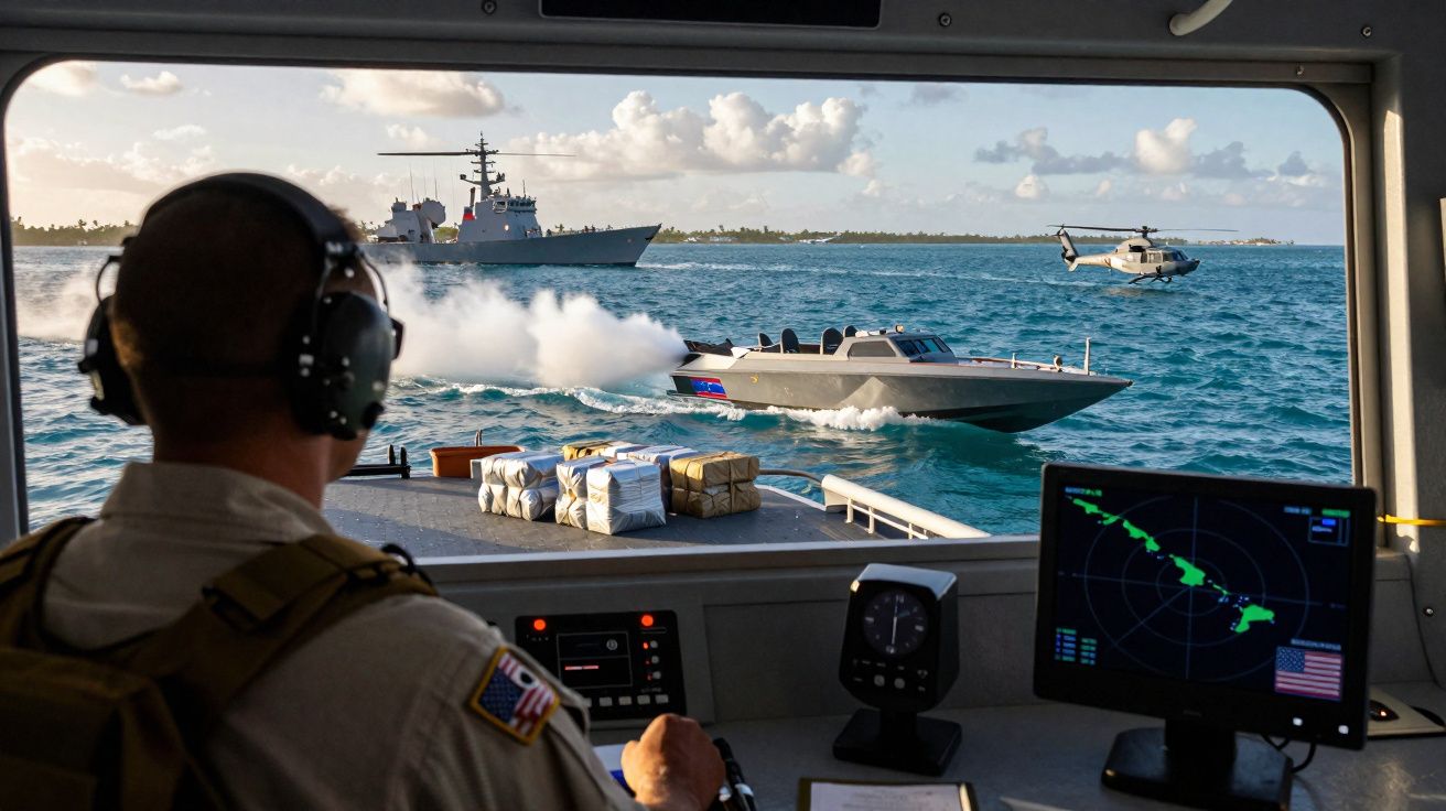 Homem em controle naval observa lancha rápida, navio e helicóptero no mar azul sob céu com nuvens.