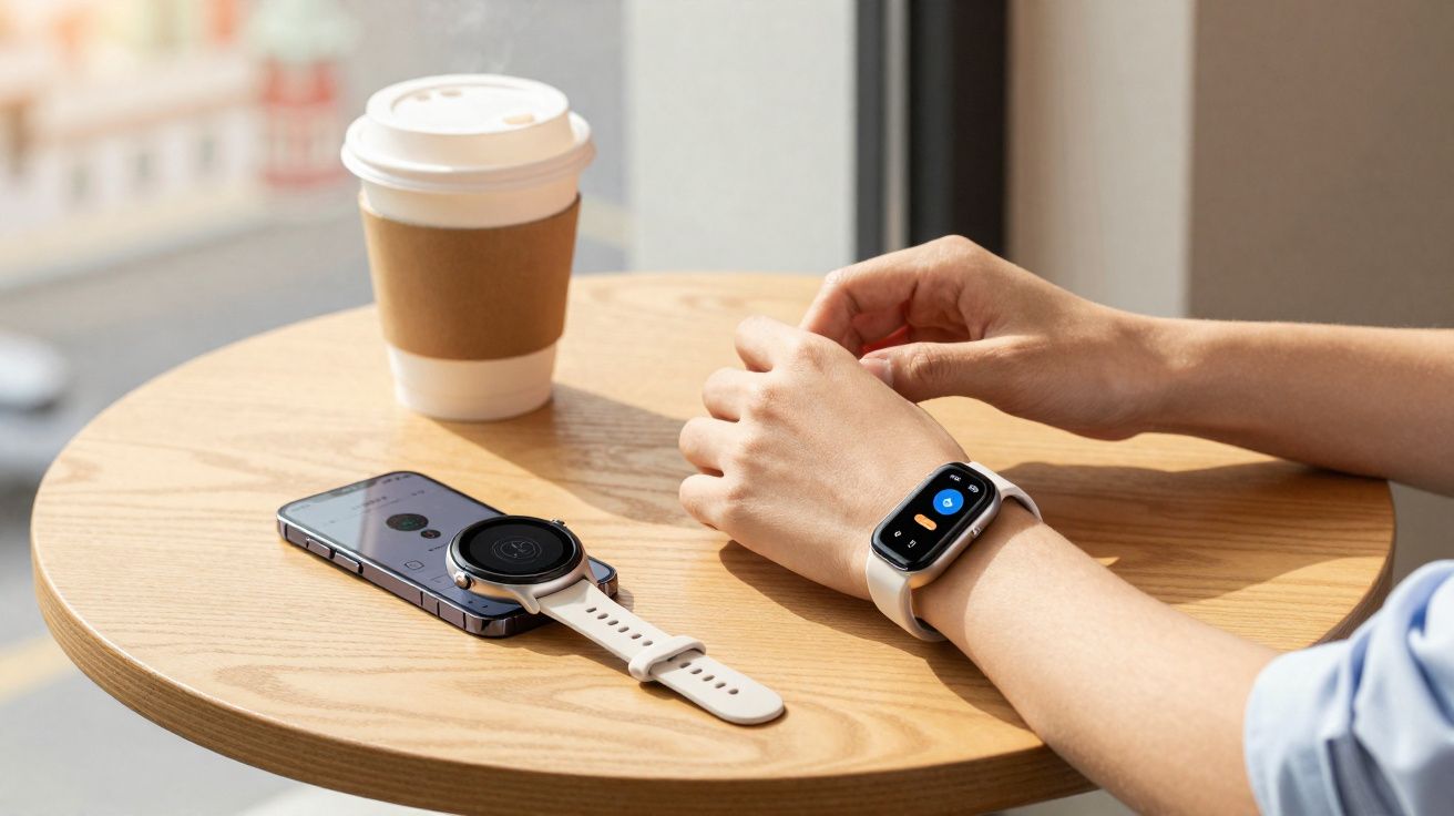 Pessoa com smartwatch ajustando pulseira em mesa com celular e copo de café descartável.