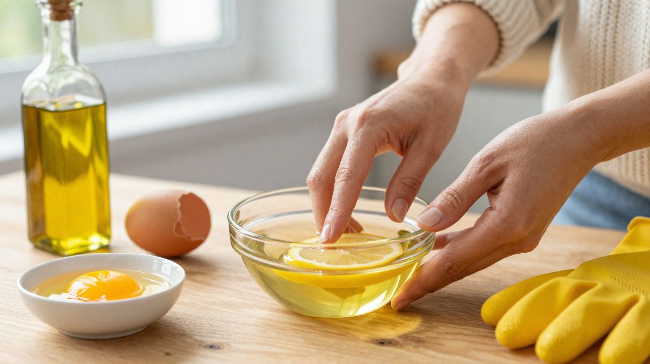 Pessoa espremendo fatia de limão em recipiente com água, ao lado de ovo, casca, azeite e luvas amarelas.