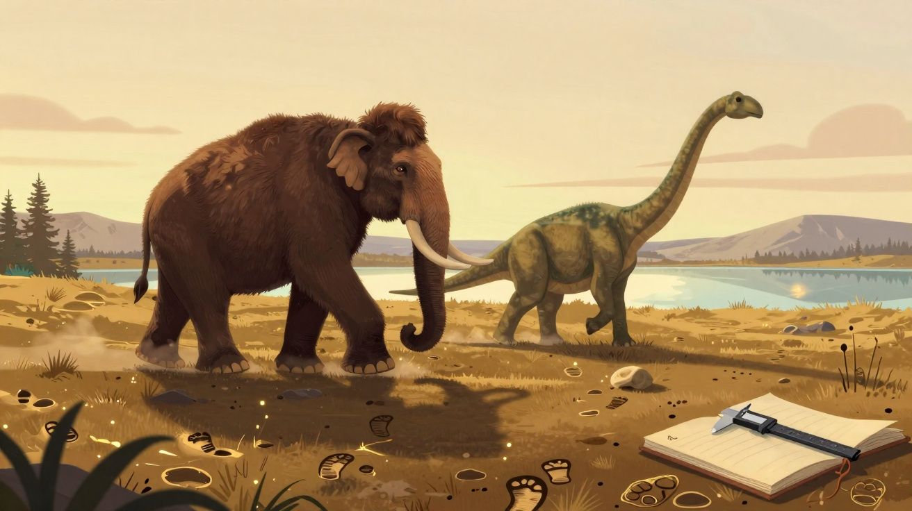 Mamute e dinossauro caminhando juntos em paisagem pré-histórica com lago ao fundo e caderno ao lado.