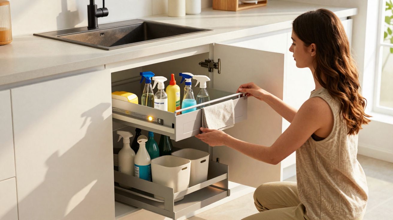 Mulher organizando produtos de limpeza em prateleiras deslizantes sob pia de cozinha moderna.