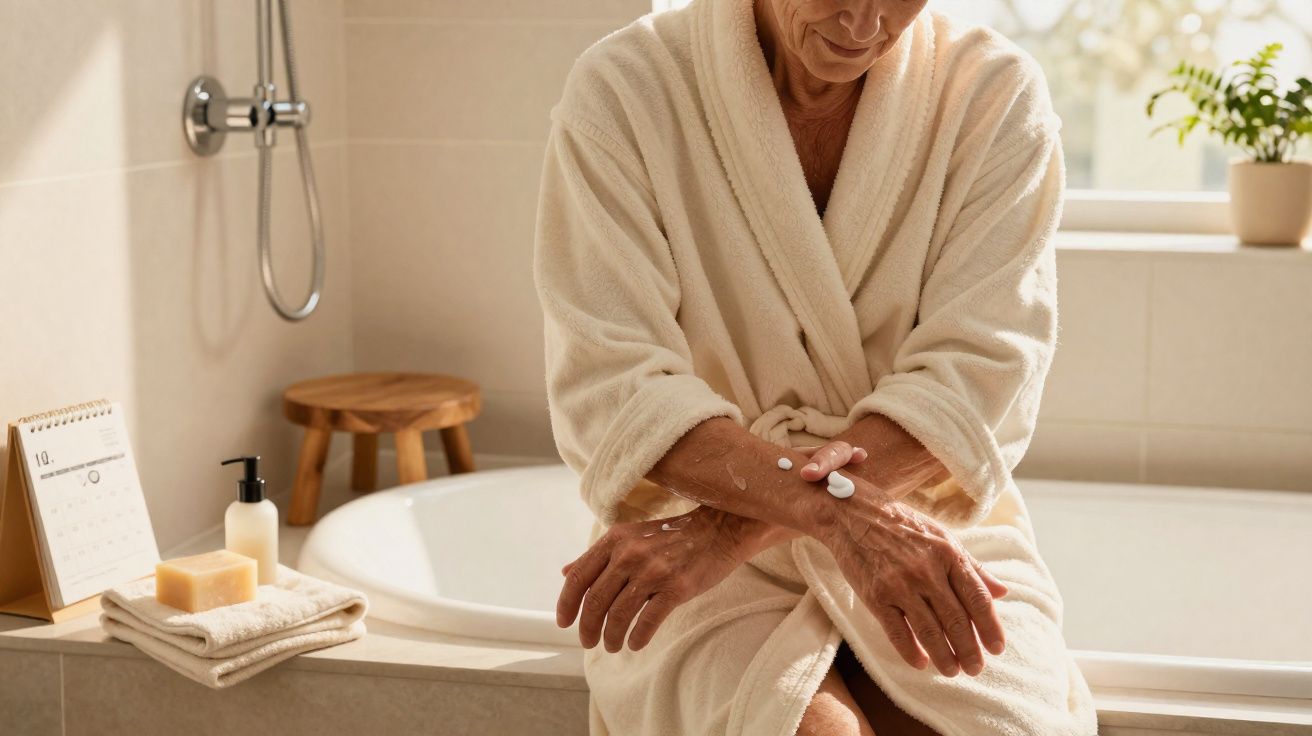 Pessoa em roupão branco aplicando creme nas mãos, sentada à beira da banheira iluminada por luz natural.