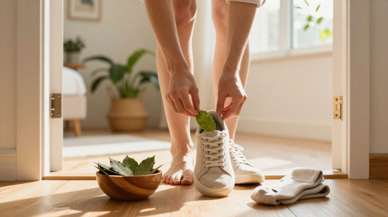 Pessoa colocando folhas verdes dentro de tênis branco em um ambiente iluminado e acolhedor.