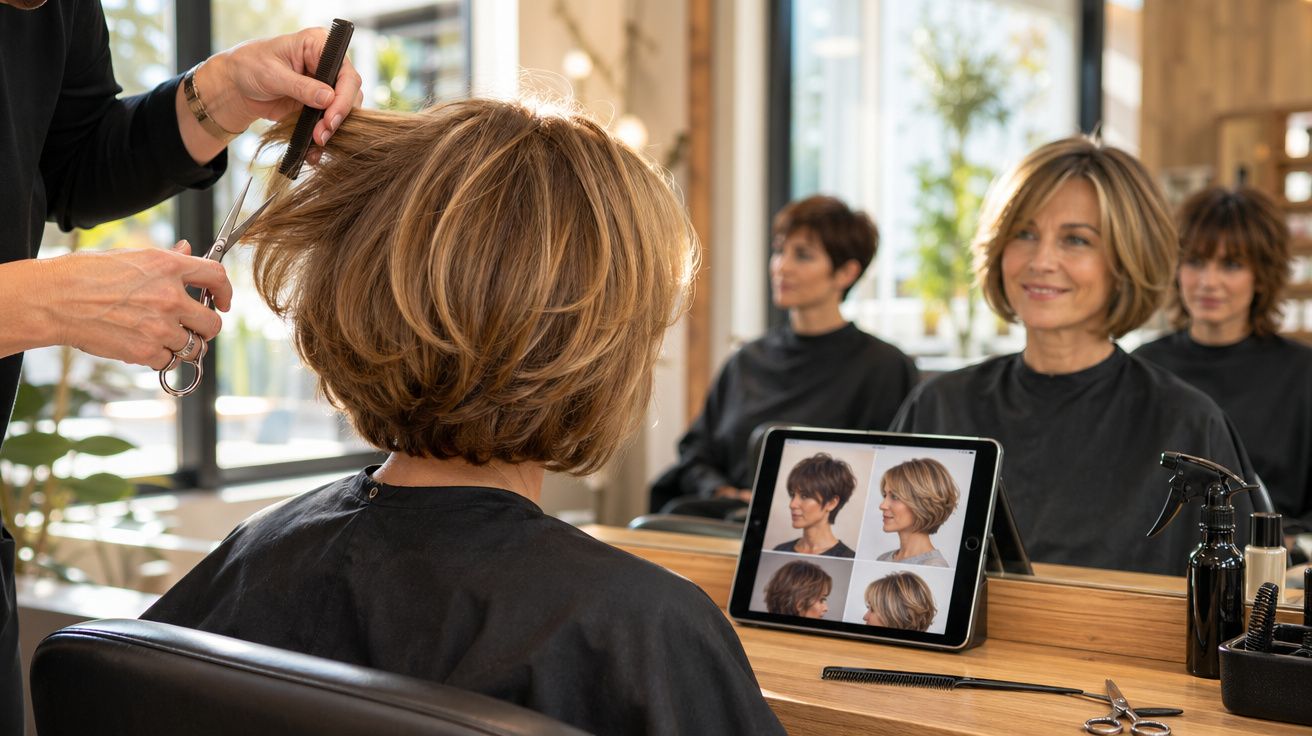 Mulher em salão de beleza recebe corte de cabelo enquanto consulta estilos em tablet à frente do espelho.