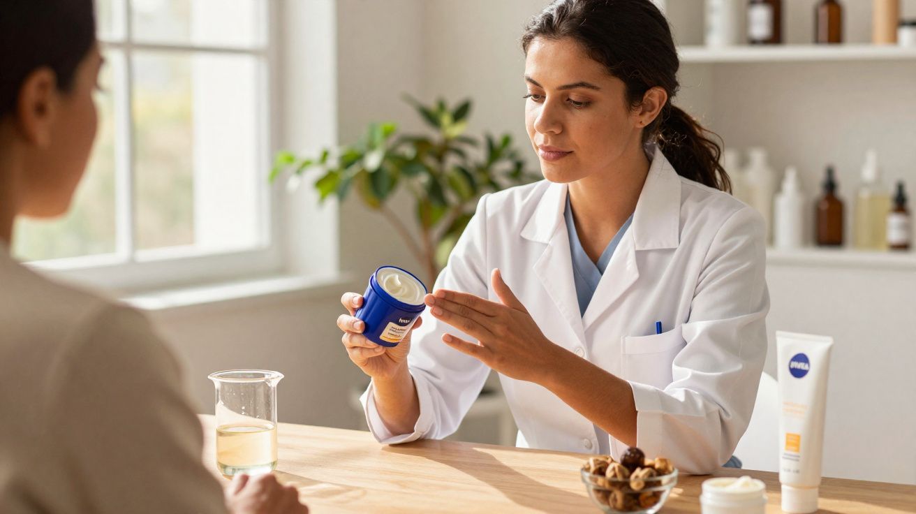 Mulher de jaleco branco explicando uso de creme para outra pessoa em mesa com potes e plantas.