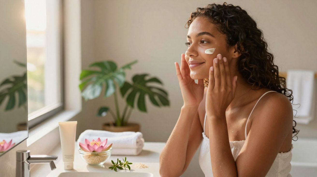 Mulher aplicando creme no rosto em banheiro iluminado, com plantas e flores ao fundo.
