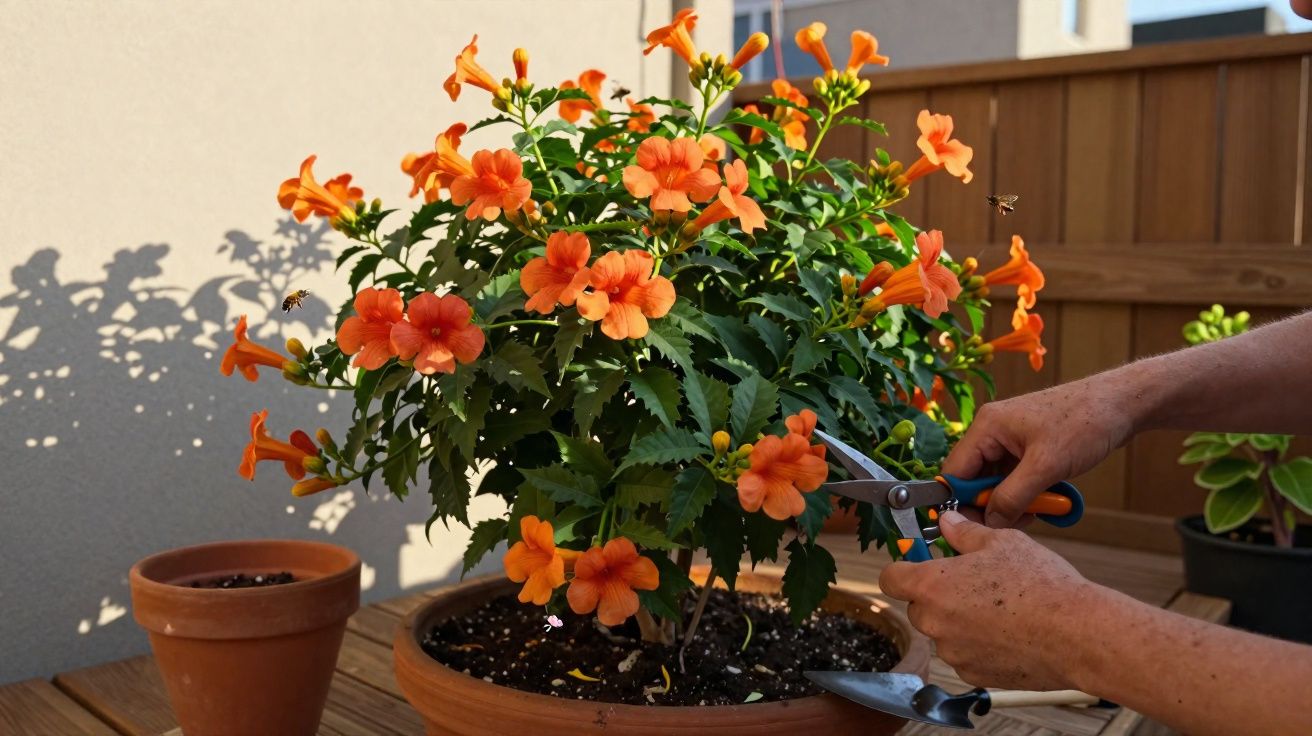 Mãos podando flores laranjas em vaso com tesoura em varanda iluminada pelo sol.