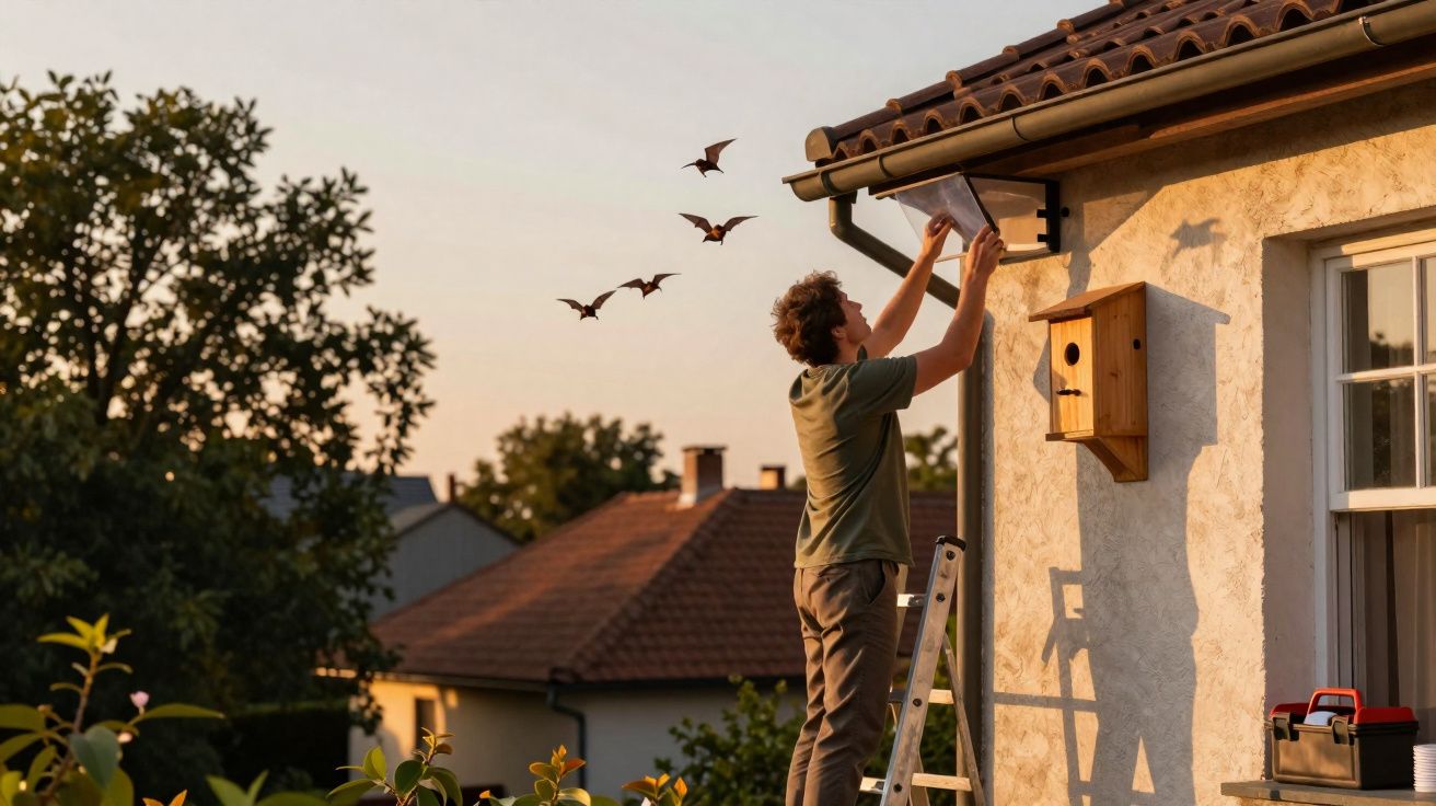 Homem usando escada instala escudo contra morcegos no beiral de casa ao entardecer.