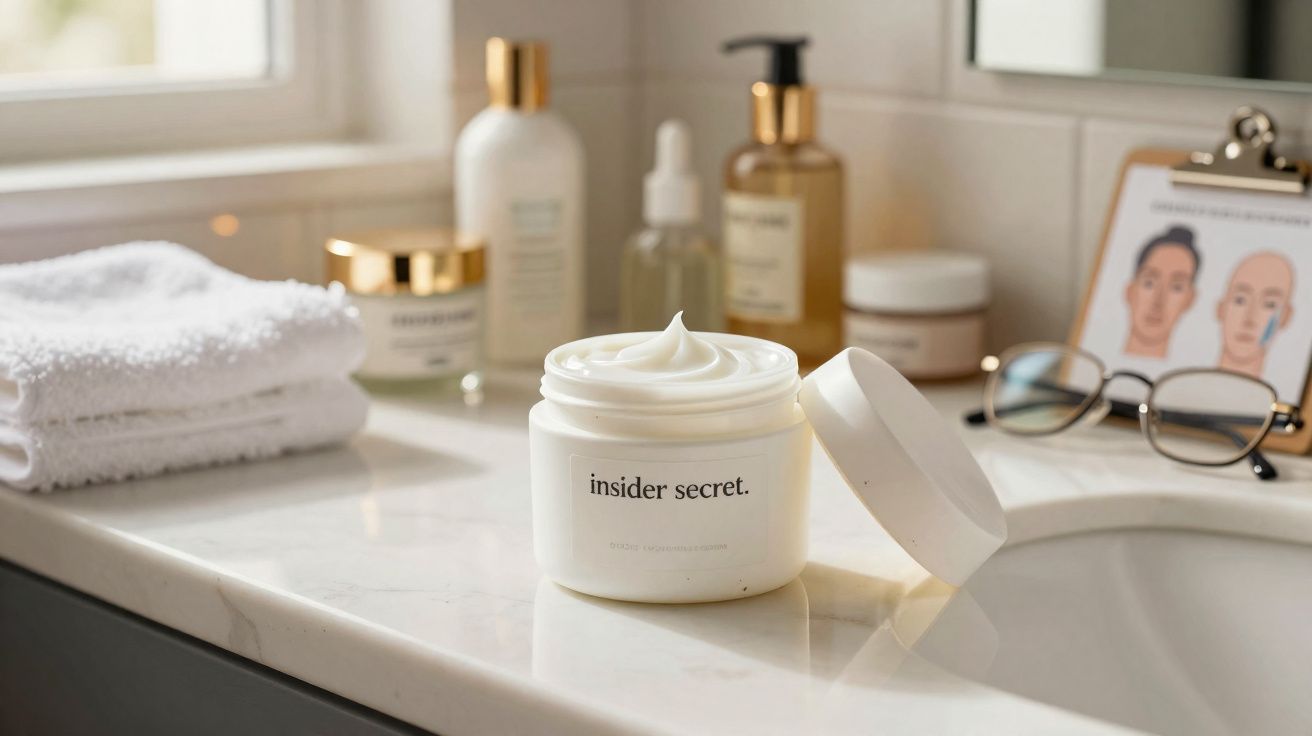 Pote aberto de creme hidratante "insider secret" sobre bancada de banheiro com toalhas e produtos de skincare.