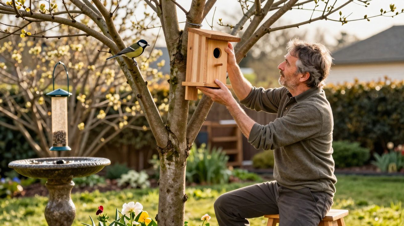 Homem instala casa de passarinho em árvore durante dia ensolarado em jardim com flores e comedouro.