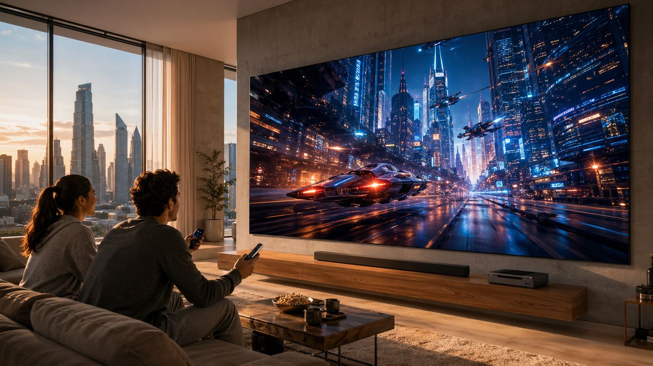 Casal sentado no sofá assistindo filme de ficção científica em sala moderna com vista para cidade ao pôr do sol.
