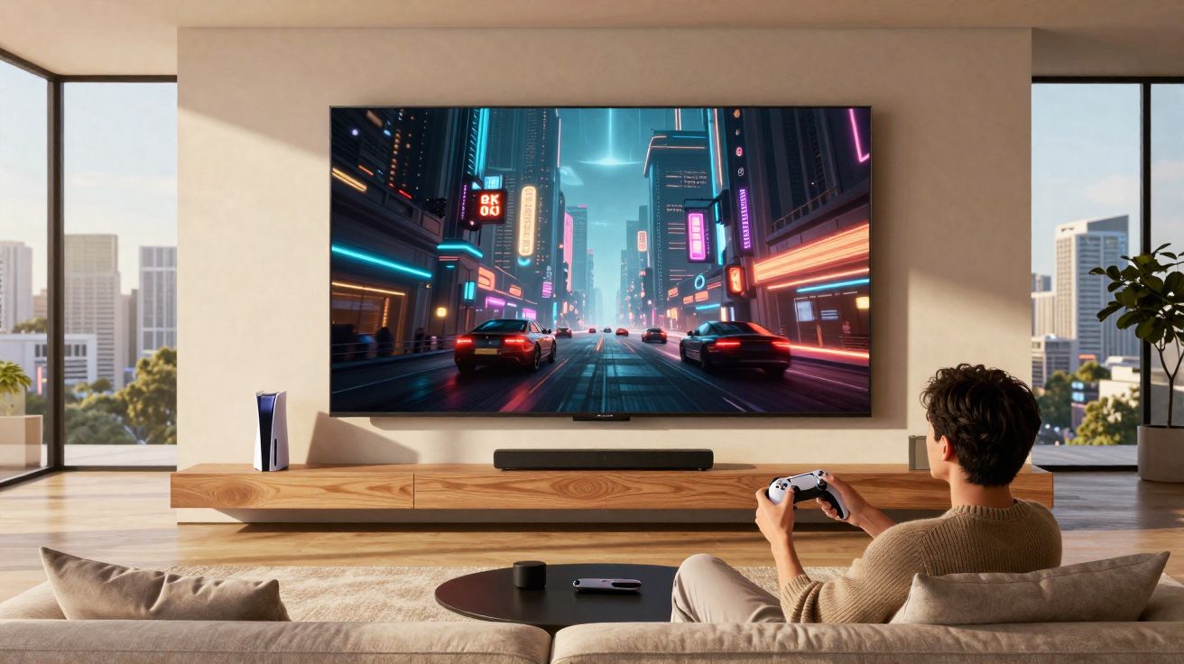 Homem sentado no sofá jogando videogame em TV grande com jogo de corrida futurista em ambiente moderno.