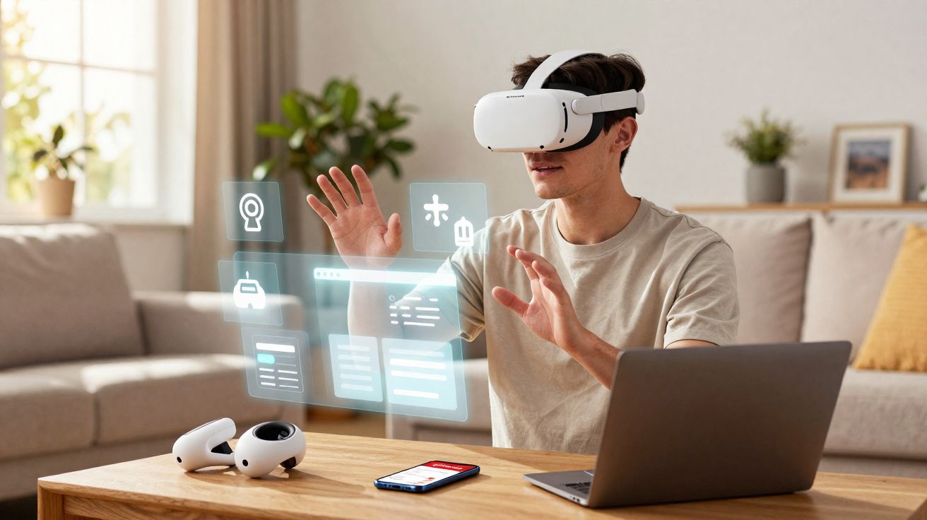 Jovem usa óculos de realidade virtual interagindo com hologramas digitais em sala de estar moderna.