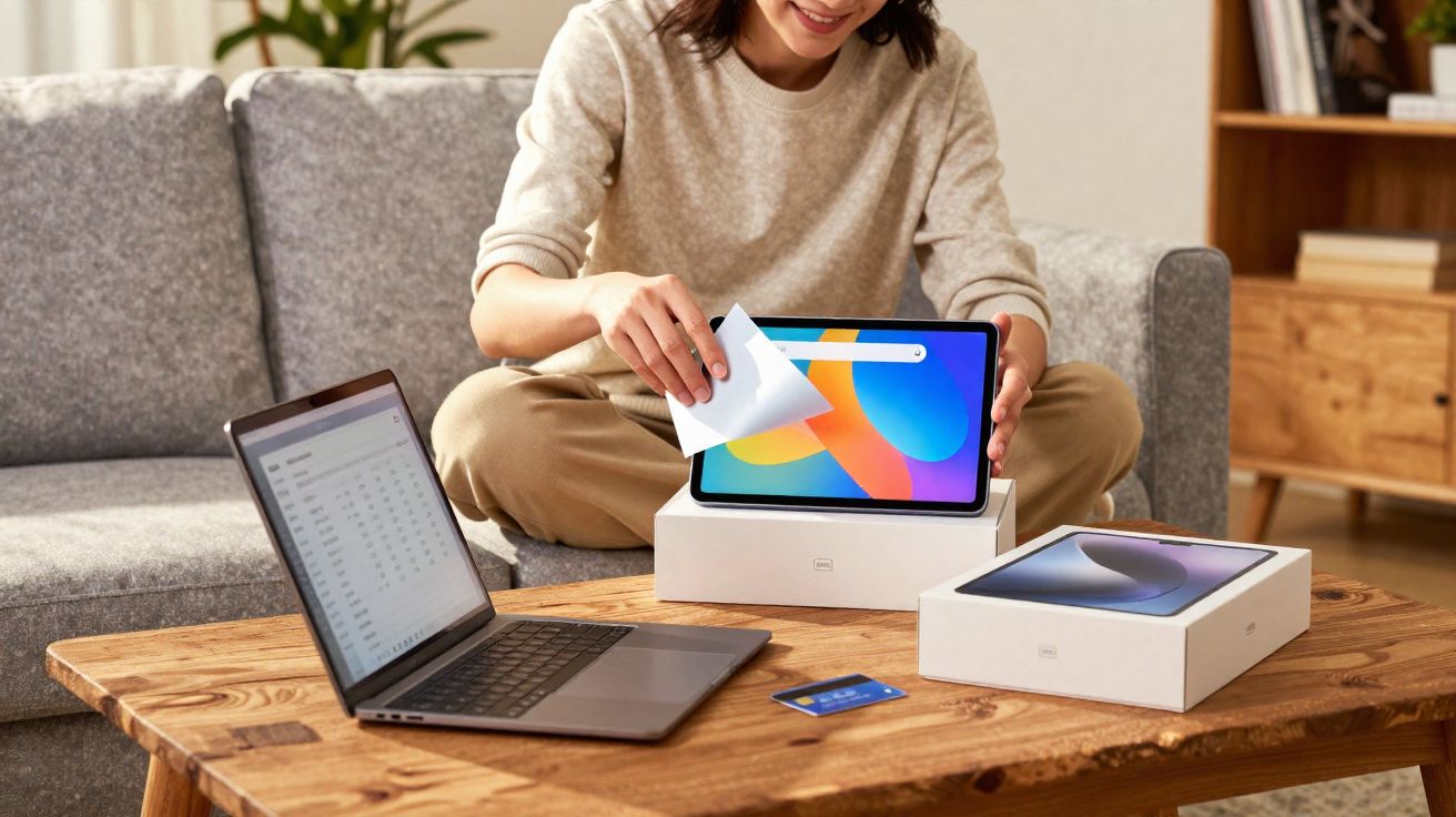Pessoa desembrulhando tablet sobre mesa de madeira com notebook e cartão azul ao lado.