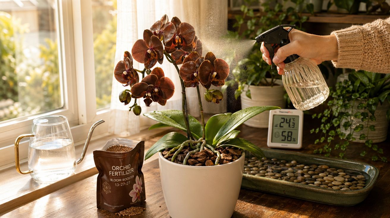 Mão borrifando água em orquídea marrom em vaso branco com fertilizante, regador e termômetro ao lado.
