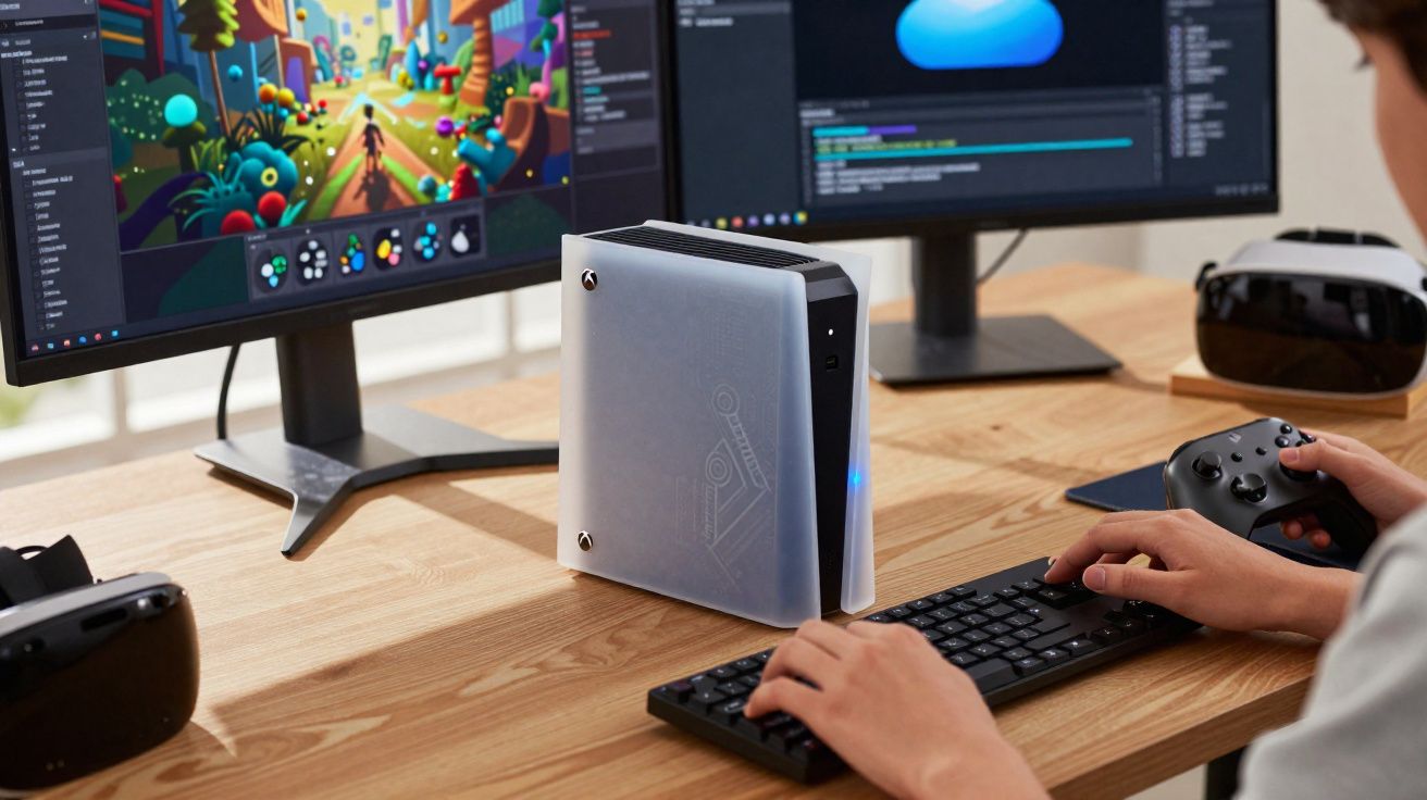 Mesa com dois monitores, mini console Xbox, teclado, controle e headset em ambiente de game e tecnologia.