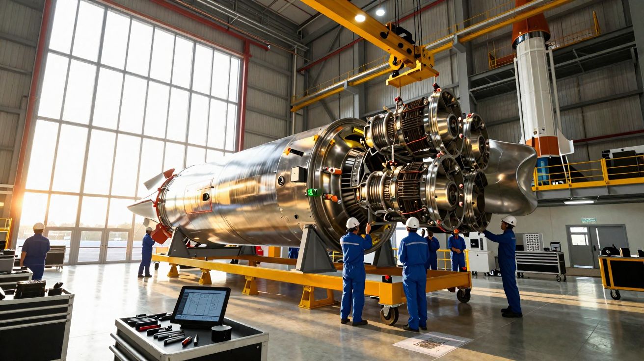 Técnicos em uniforme azul trabalham na instalação de motores em foguete dentro de hangar industrial iluminado.