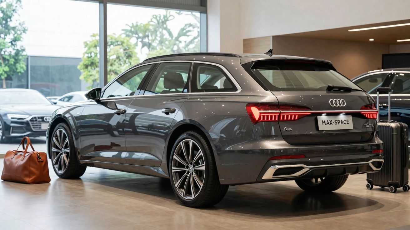 Carro Audi cinza estacionado em showroom, com mala marrom e mala de rodinhas preta ao lado.