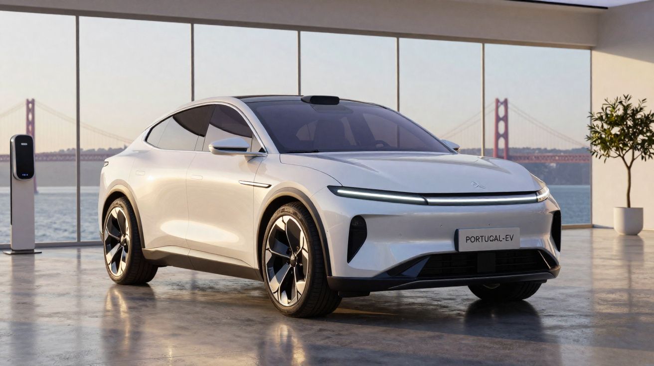 Carro elétrico branco estacionado em ambiente interno com vista para ponte e carregador ao fundo.