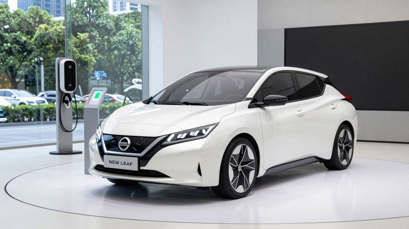 Carro elétrico branco Nissan New Leaf exposto em showroom com estação de recarga ao fundo.