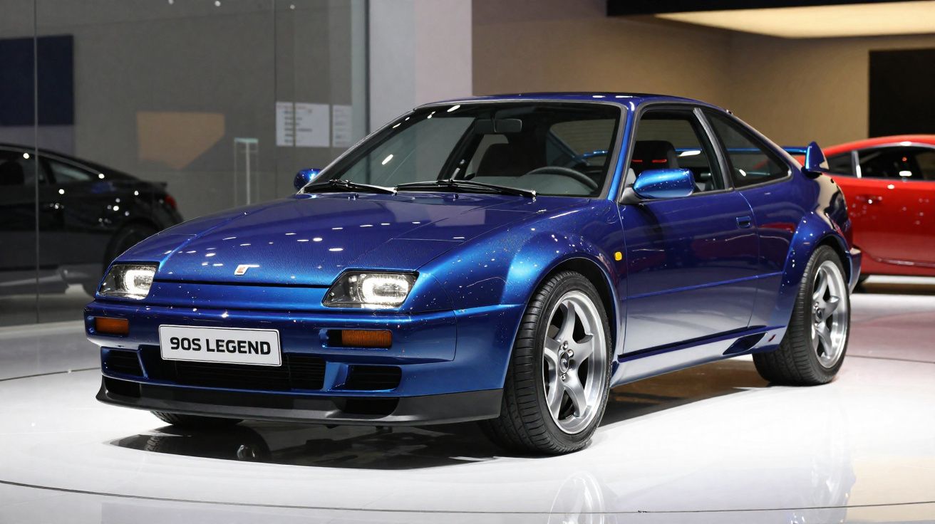 Carro esportivo azul metálico clássico exibido em salão, placa "90S LEGEND".