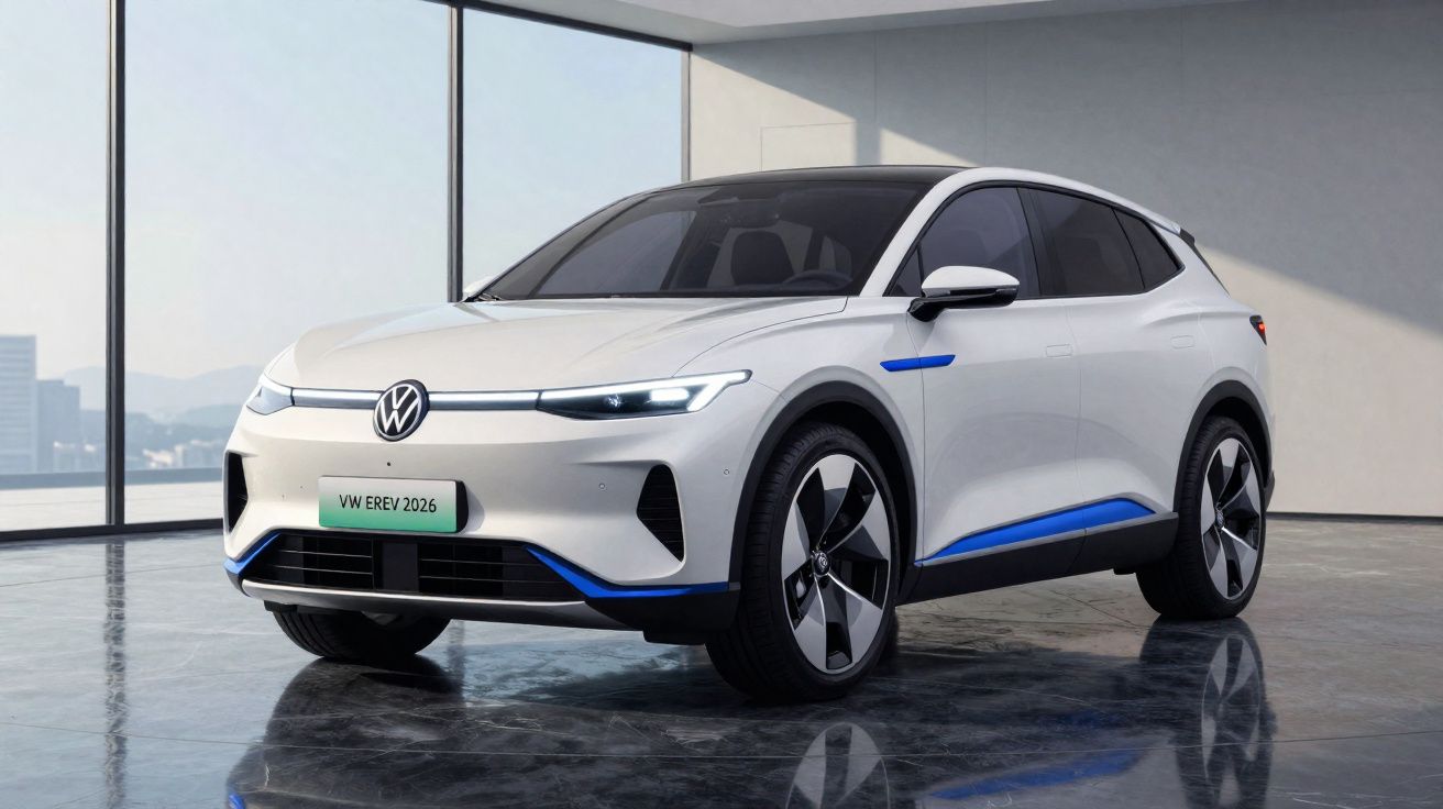 Carro elétrico Volkswagen VW EREV 2026 branco em ambiente moderno e iluminado.