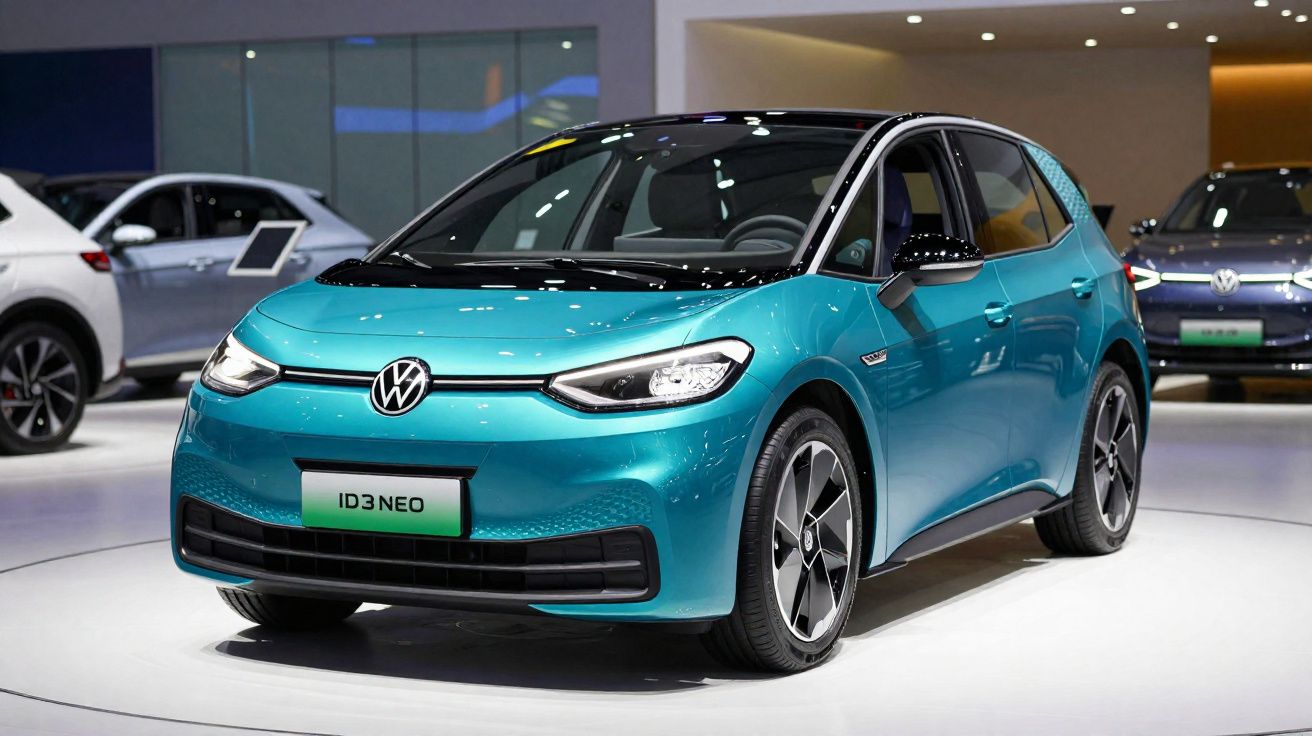 Carro elétrico Volkswagen ID.3 Neo azul expositor em salão automotivo moderno.