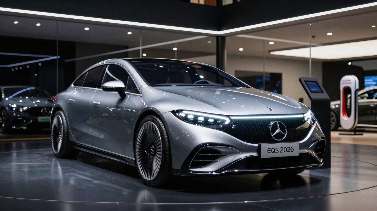 Carro elétrico Mercedes-Benz EQS cinza prata exposto em showroom moderno com iluminação ambiente.