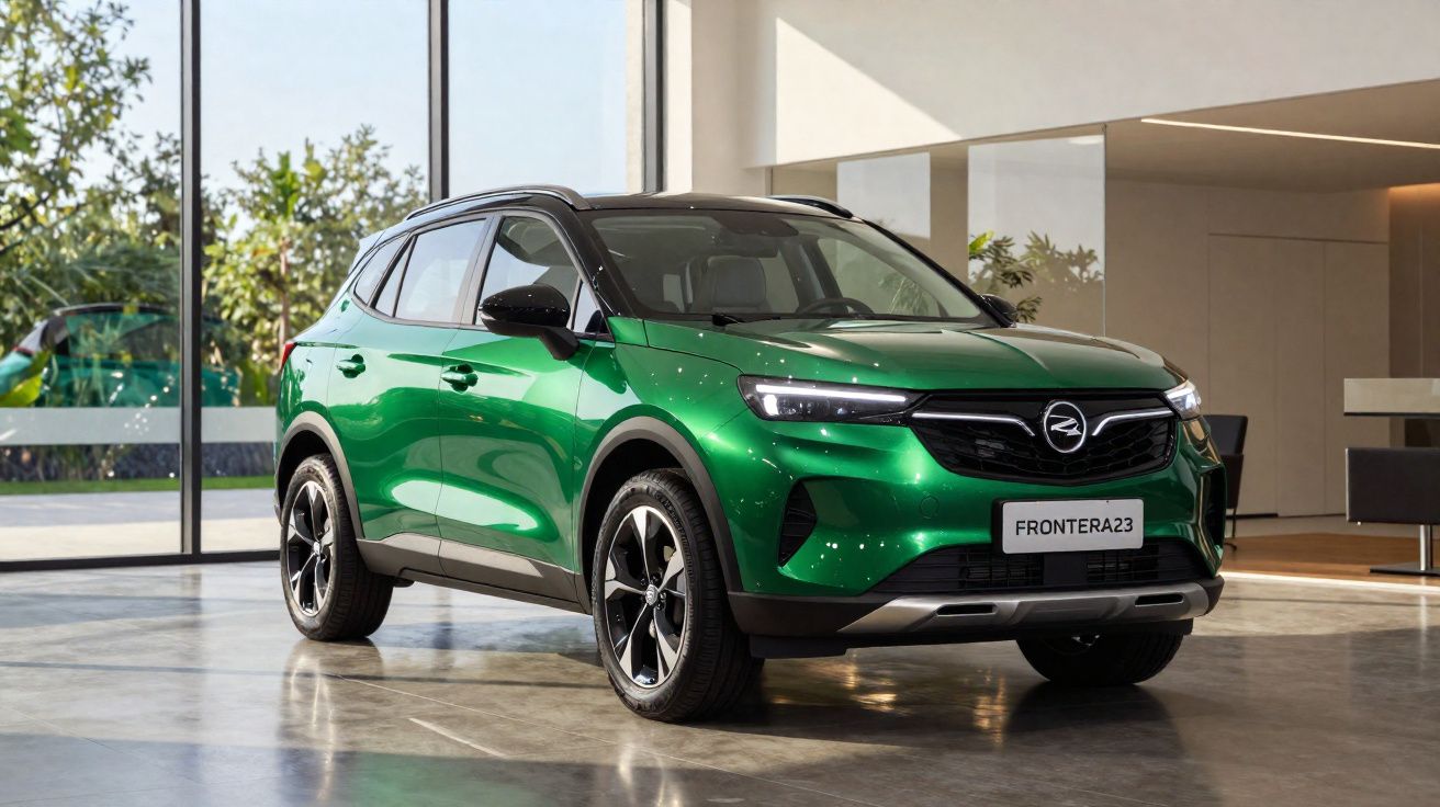 Carro SUV verde modelo Frontera23 estacionado em ambiente moderno com grandes janelas e piso de cimento.