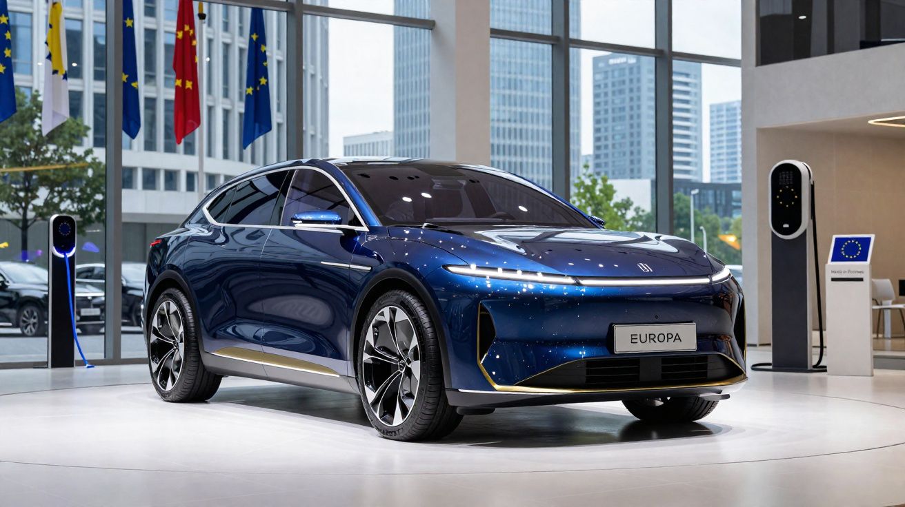 Carro elétrico azul da Europa em exposição com carregadores e janelas grandes ao fundo.