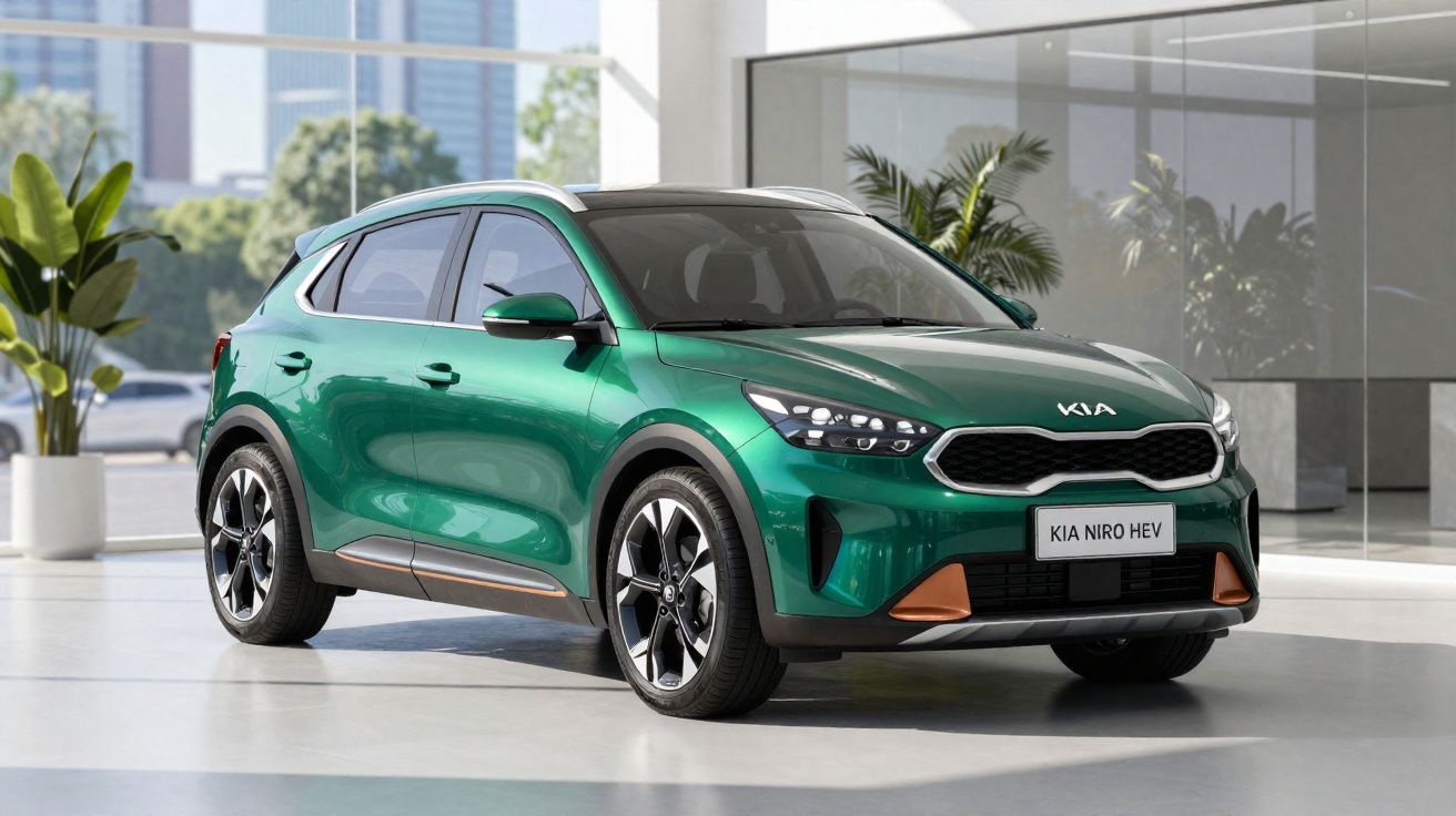 Carro SUV Kia Niro HEV verde estacionado em ambiente interno moderno com plantas ao fundo.