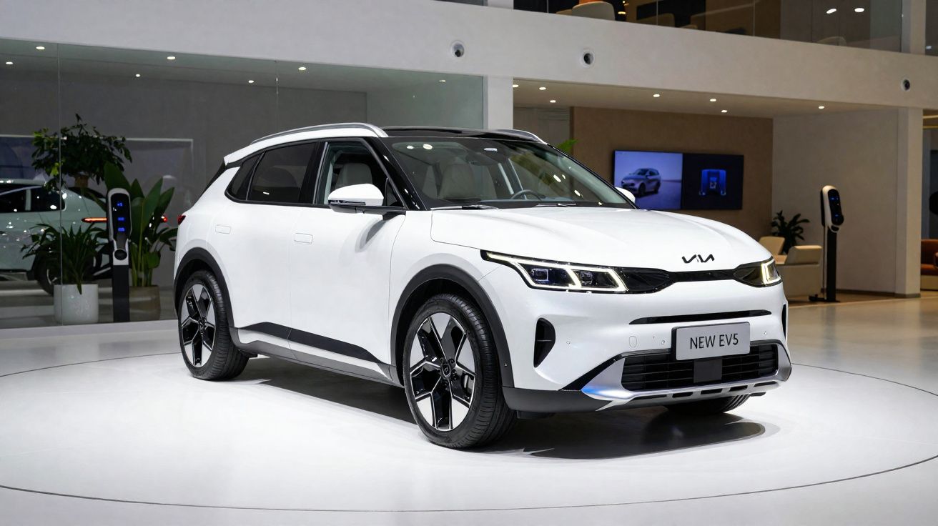 Carro elétrico branco modelo VIA New EV5 exibido em estande moderno com iluminação branca.