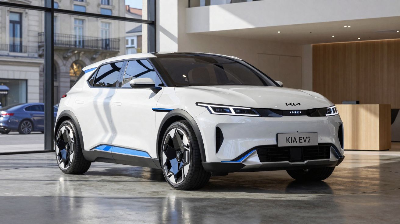 Carro elétrico branco Kia EV2 estacionado em ambiente interno moderno e iluminado.