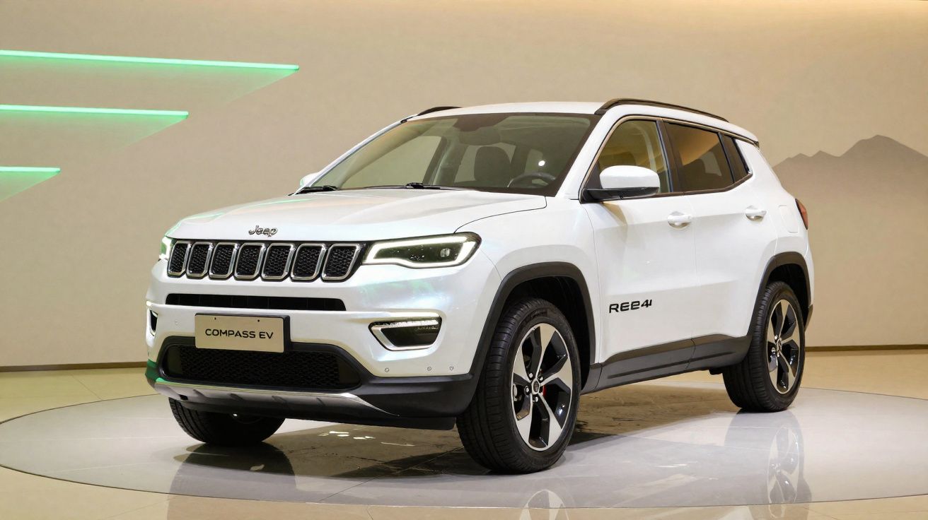 Jeep Compass EV branco exibido em showroom com iluminação ambiental e detalhes modernos.