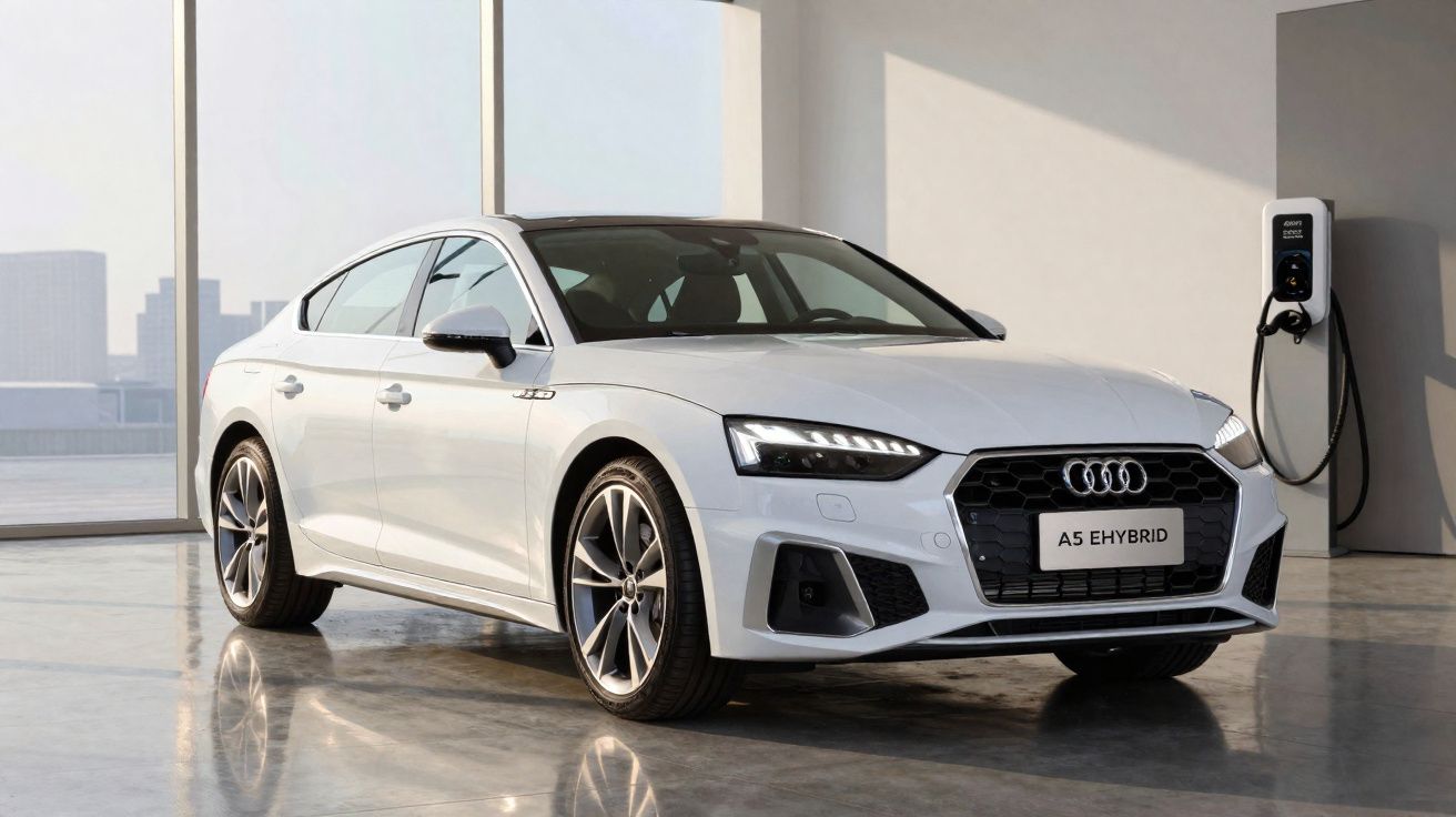 Carro branco Audi A5 eHybrid estacionado em ambiente interno com estação de recarga elétrica.