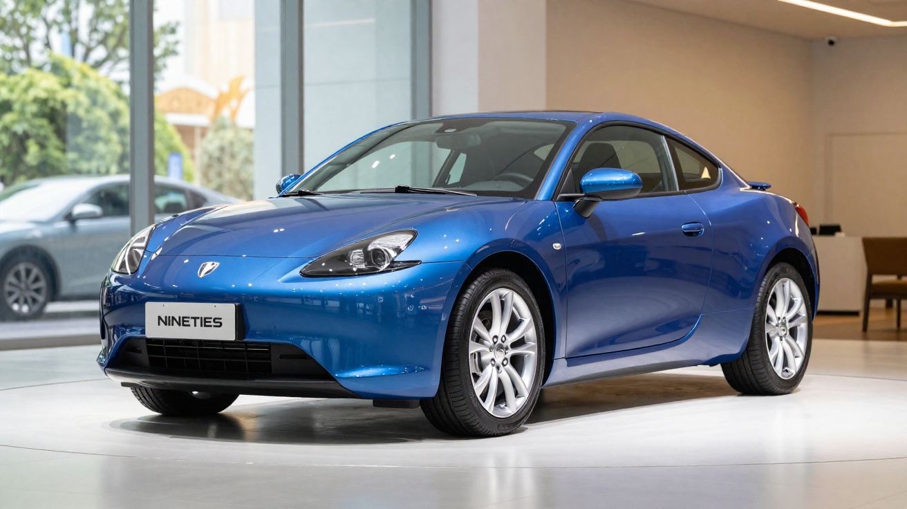 Carro esportivo azul modelo Nineties exibido em showroom com design moderno e aerodinâmico.