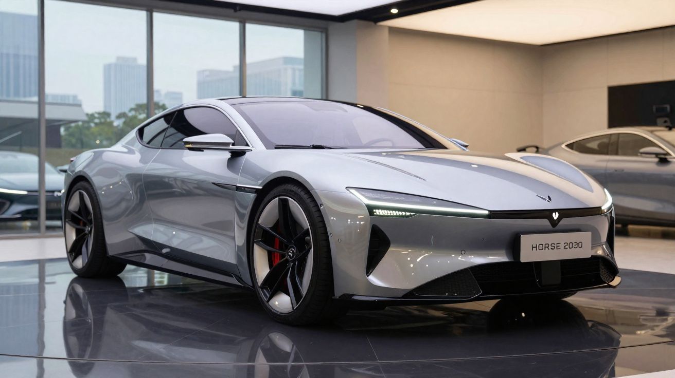 Carro esportivo elétrico cinza moderno com design futurista e iluminação de LED exposto em showroom.