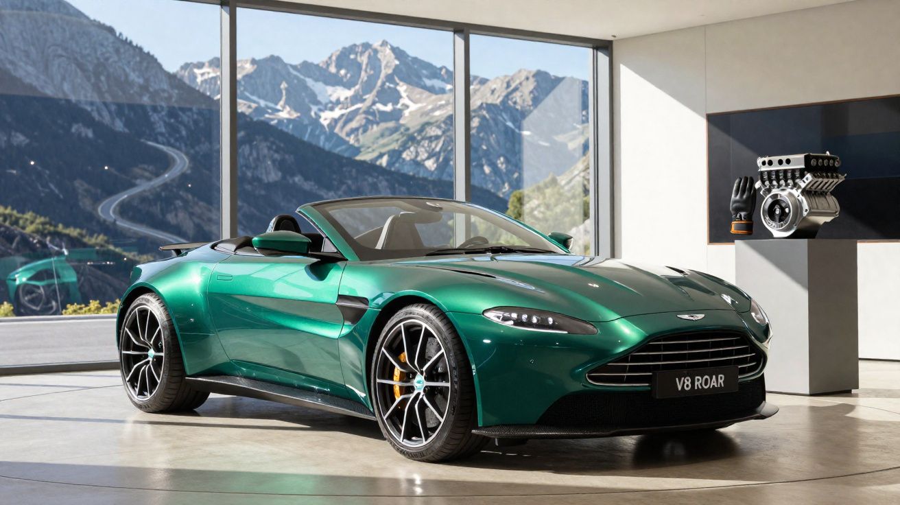 Carro esportivo conversível verde em exposição com vista para montanhas nevadas ao fundo.