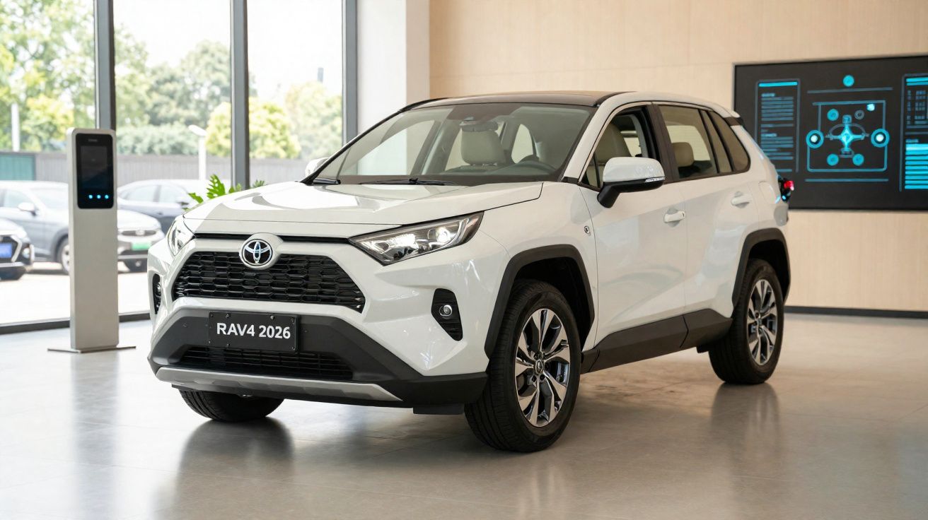 SUV branco Toyota RAV4 2026 exibido em showroom moderno com iluminação natural e painéis digitais na parede.