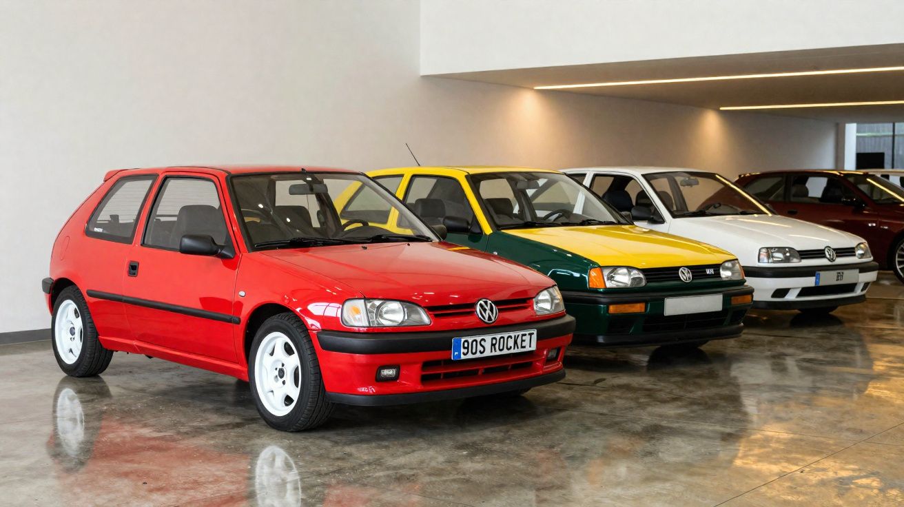 Quatro carros Volkswagen Golf dos anos 1990 estacionados em fila dentro de um galpão.